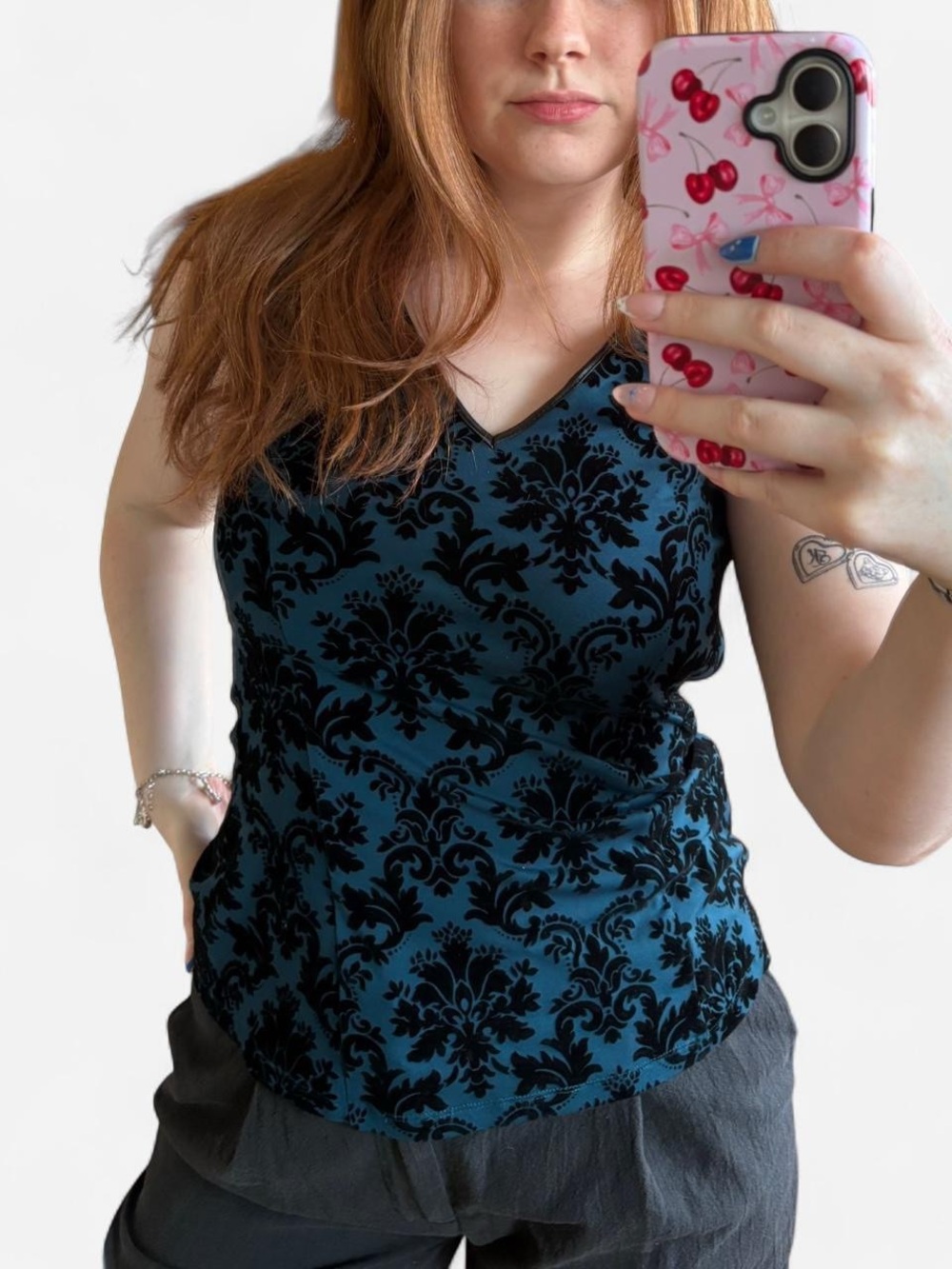 RW&CO. Teal V-Neck Burnout Floral Camisole with Black Pattern
